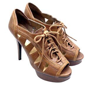 Gianni Bini Caged Booties Lace-Up Boho Open Work Lace Up 6.5 Stiletto Leather